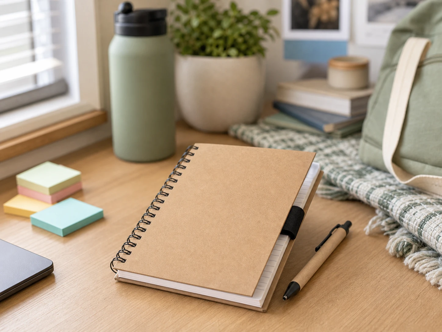 Eco-friendly spiral notebook and pen on a student study desk