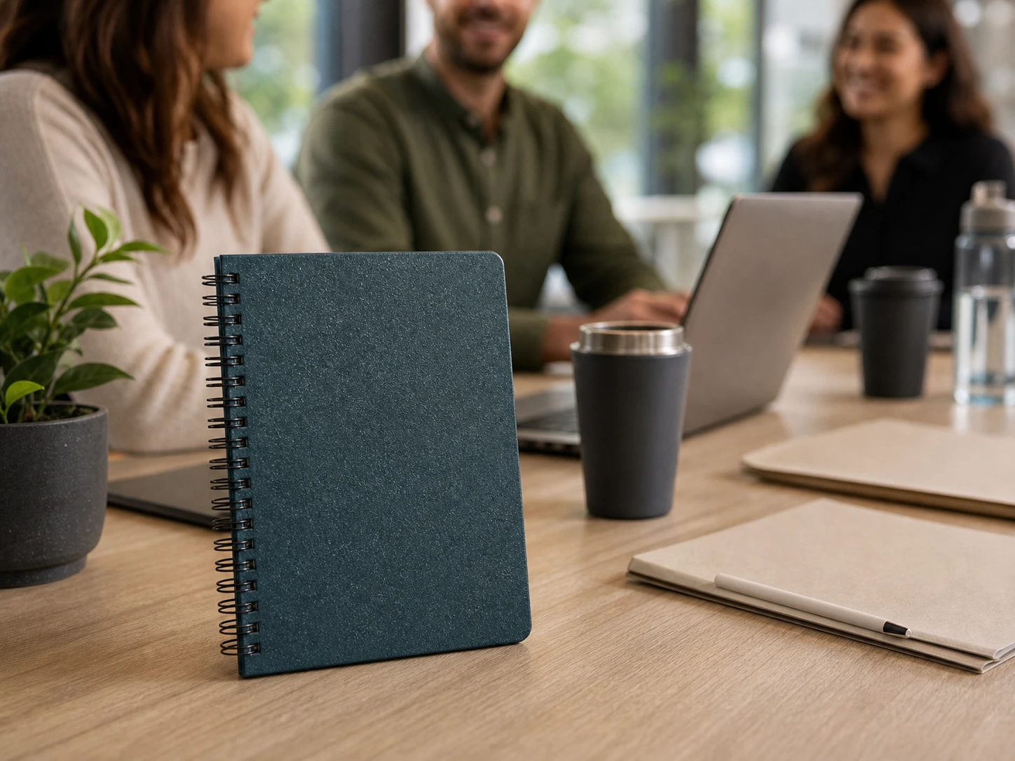Textured recycled hardcover spiral notebook in a sustainability-focused corporate meeting