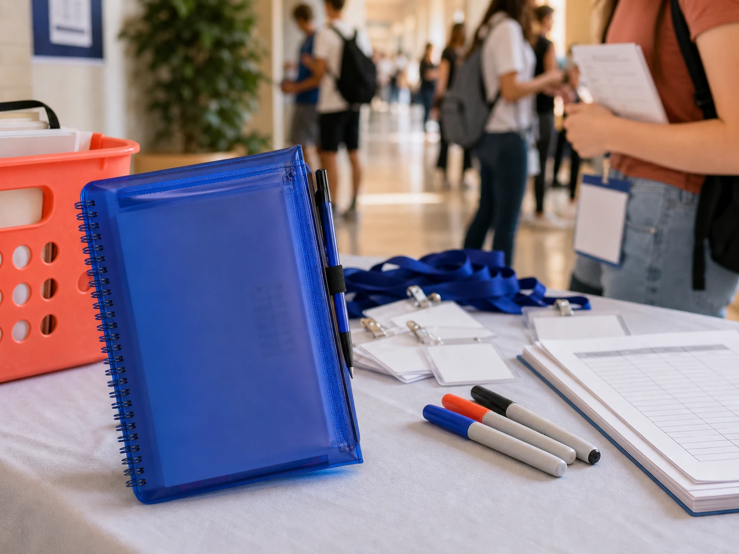 Translucent pocket spiral notebook on a school event registration table
