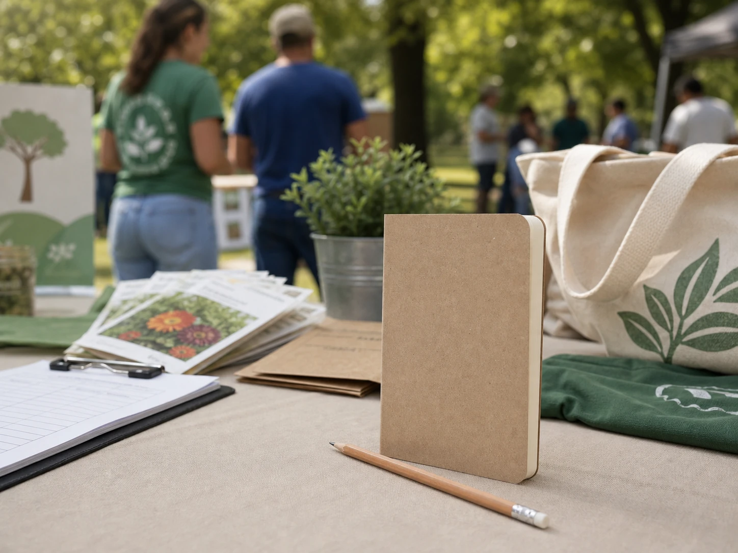 Recycled pocket notebook at an outdoor community outreach table