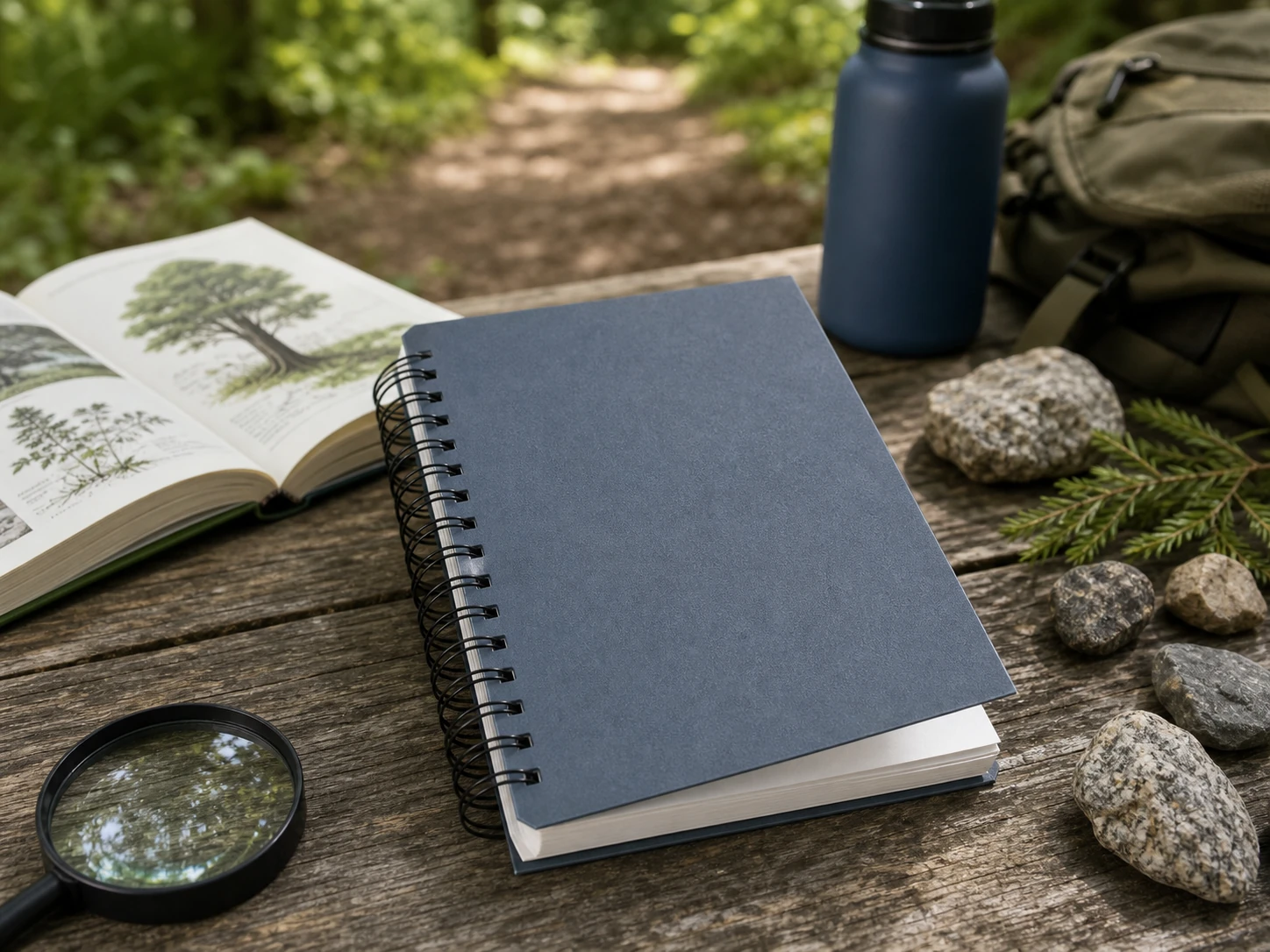 Waterproof stone paper spiral notebook in an outdoor field study scene