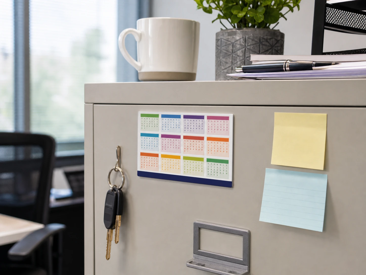 Calendar magnet on an office filing cabinet