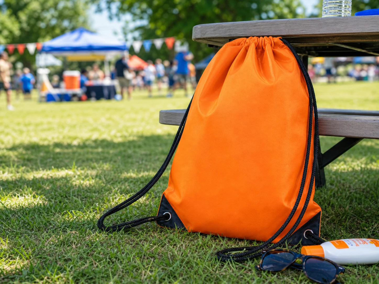 Orange cinch-up backpack at a field day