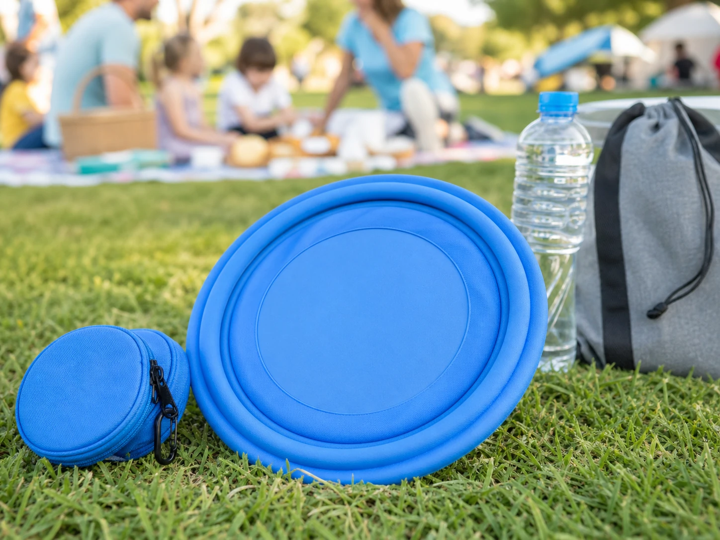 Collapsible flying disc and pouch on park grass