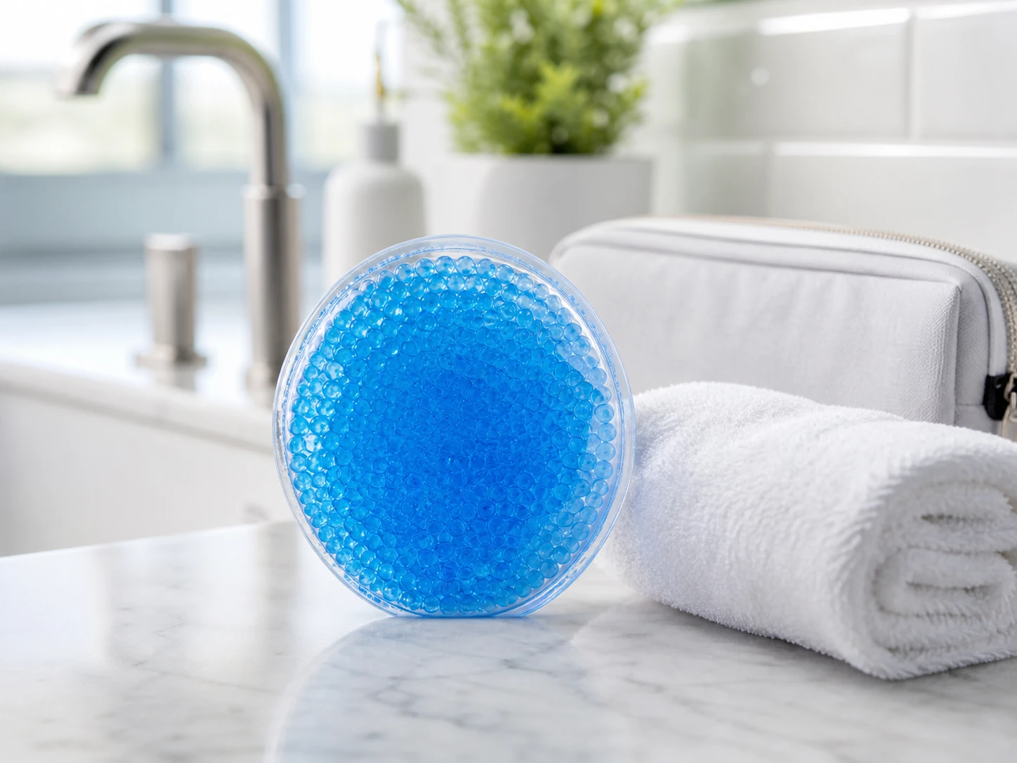 Round gel bead hot and cold pack on a wellness counter