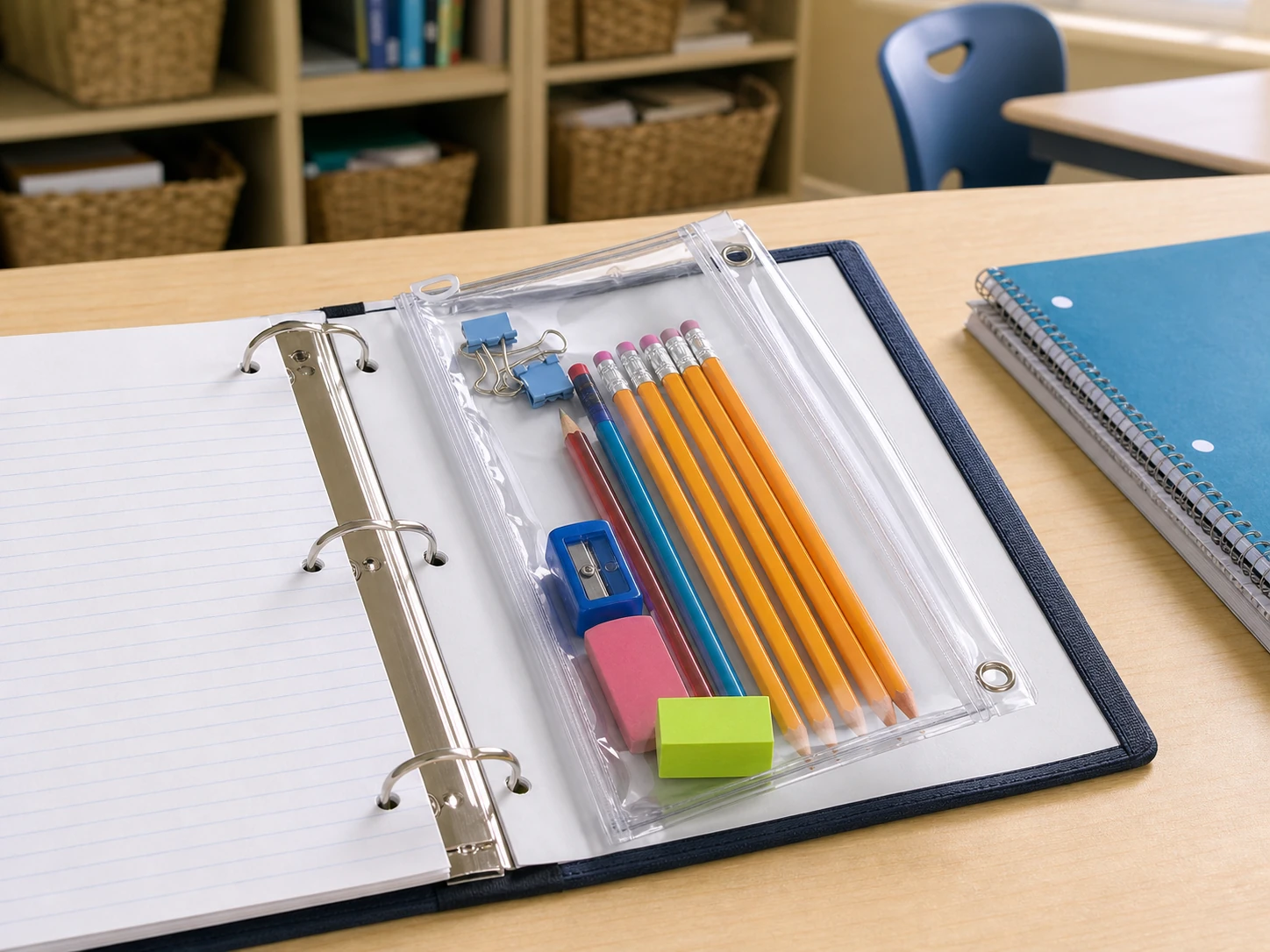 Clear binder pencil pouch filled with school supplies