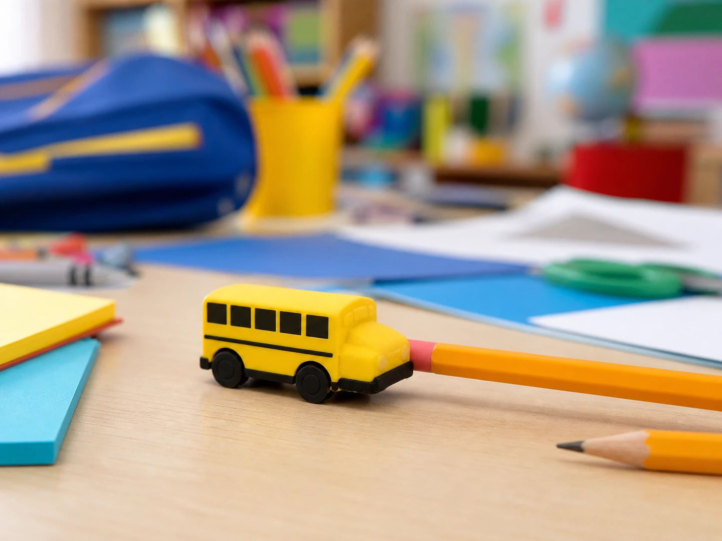 School bus pencil-top eraser in a classroom setting