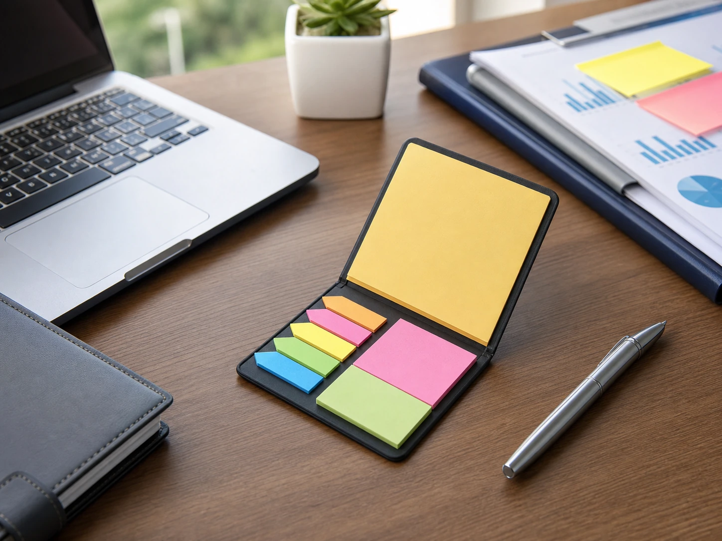 Jotter with sticky notes and page flags on a desk