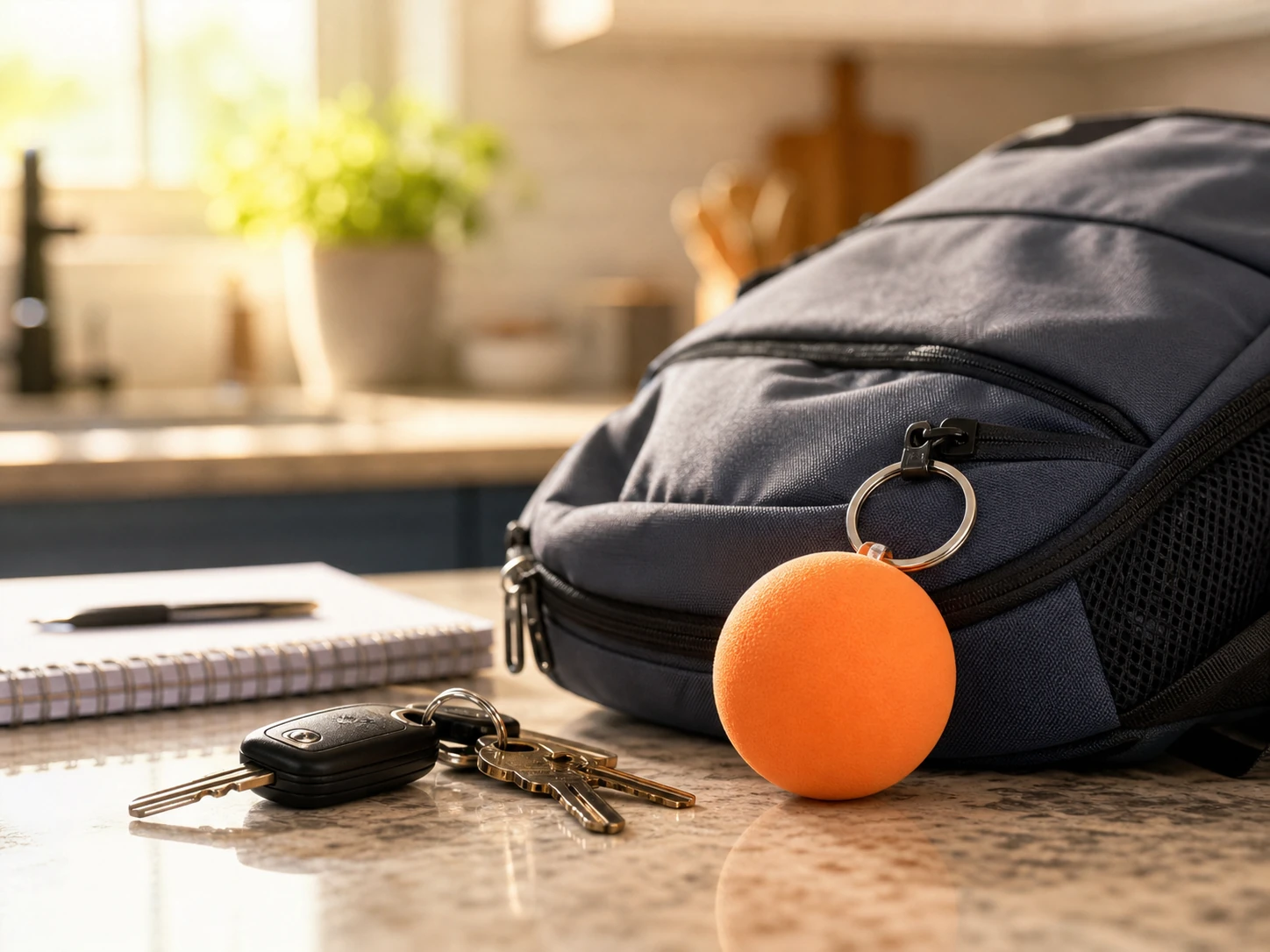 Round stress reliever keychain on a backpack