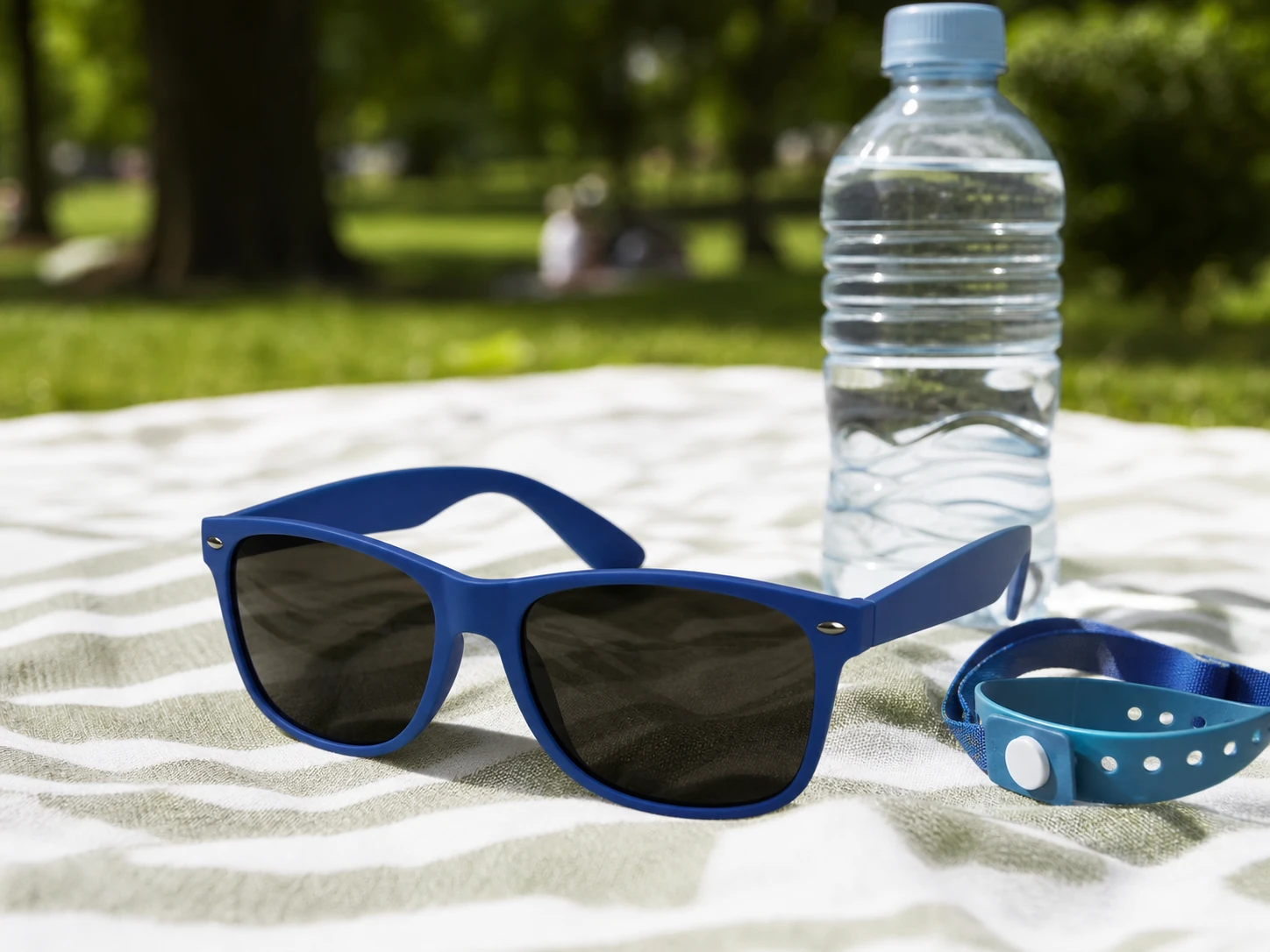 Matte sunglasses on a picnic blanket