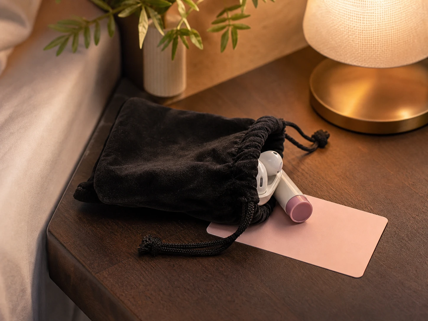 Mini velour drawstring pouch on a nightstand